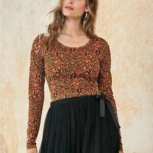 Peruvian Connection Brown Mustard Red Floral Long Sleeve Cotton Tee Womens Small